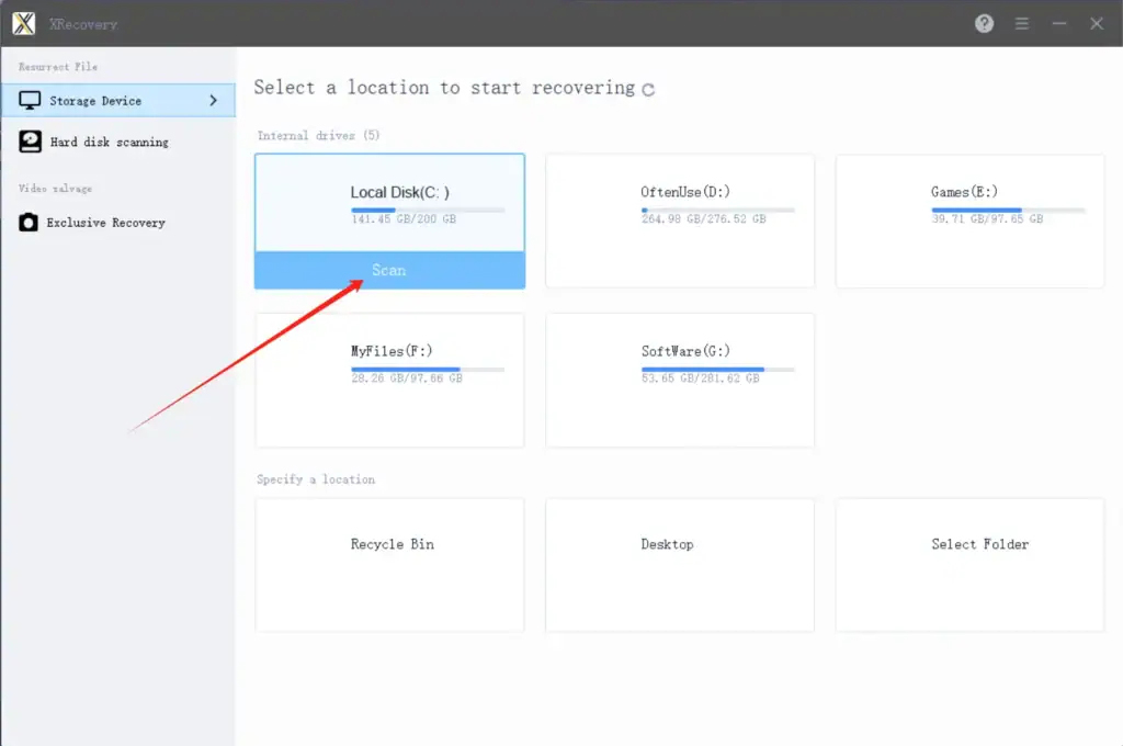 First Step: Scan​  Start XRecovery and select the target disk to begin scanning