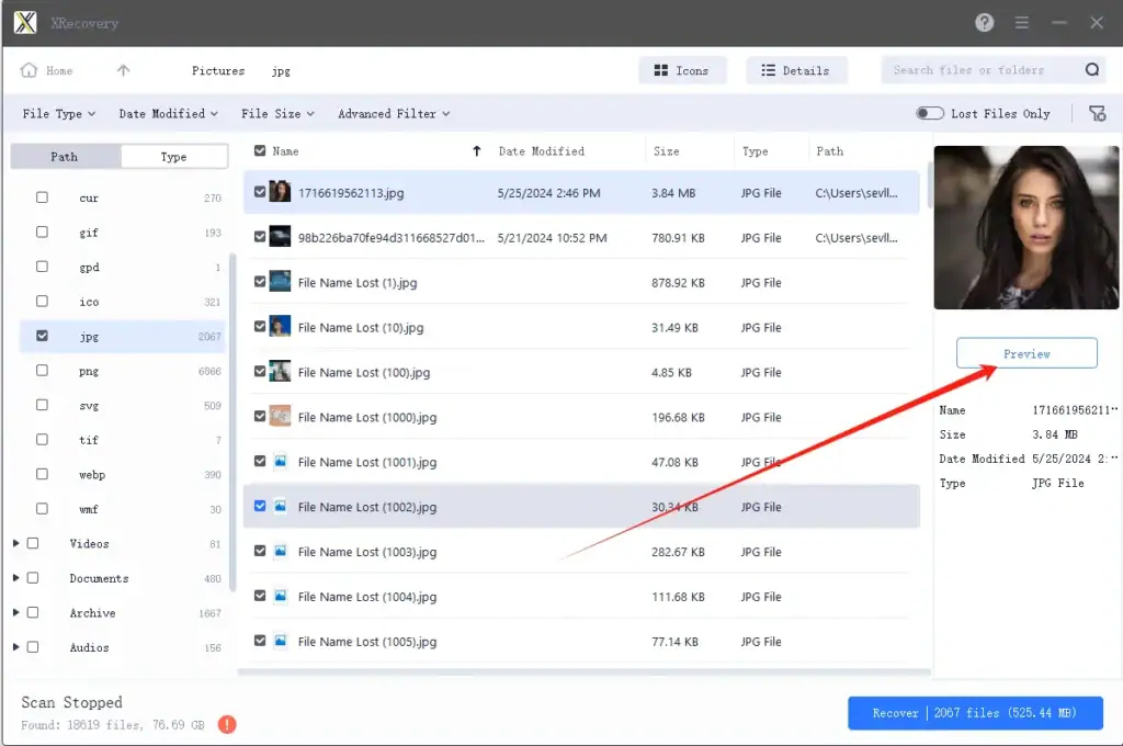 Find the files you lost or deleted and preview the results